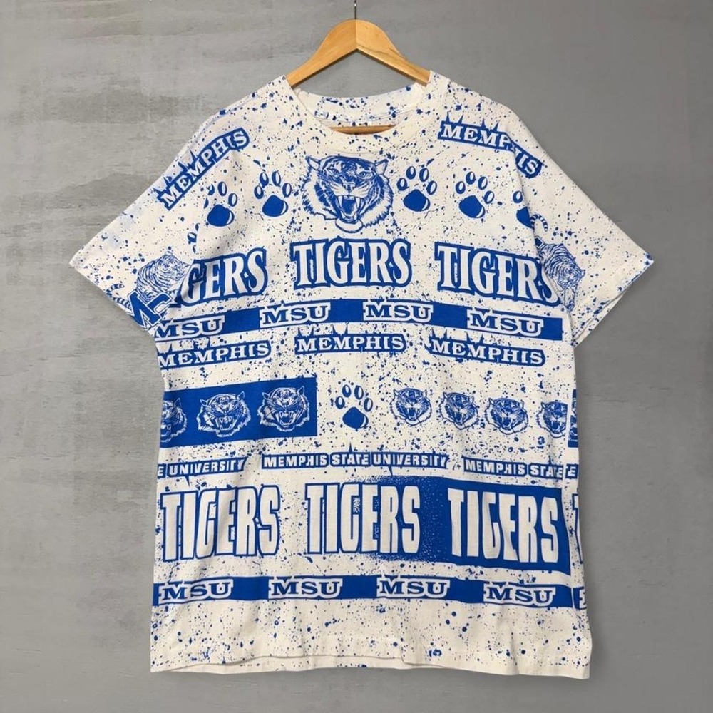 Vintage Memphis State University Tigers White Blue All Over Print RARE‎ Shirt XL